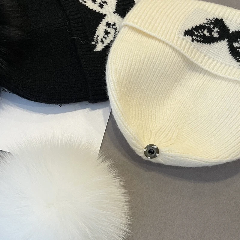 Hat Butterfly Women Winter Wool Knit Beanie Pompom Real Fox Fur Warm Accessory For Autumn Cold Weather Sport Skiing Luxury