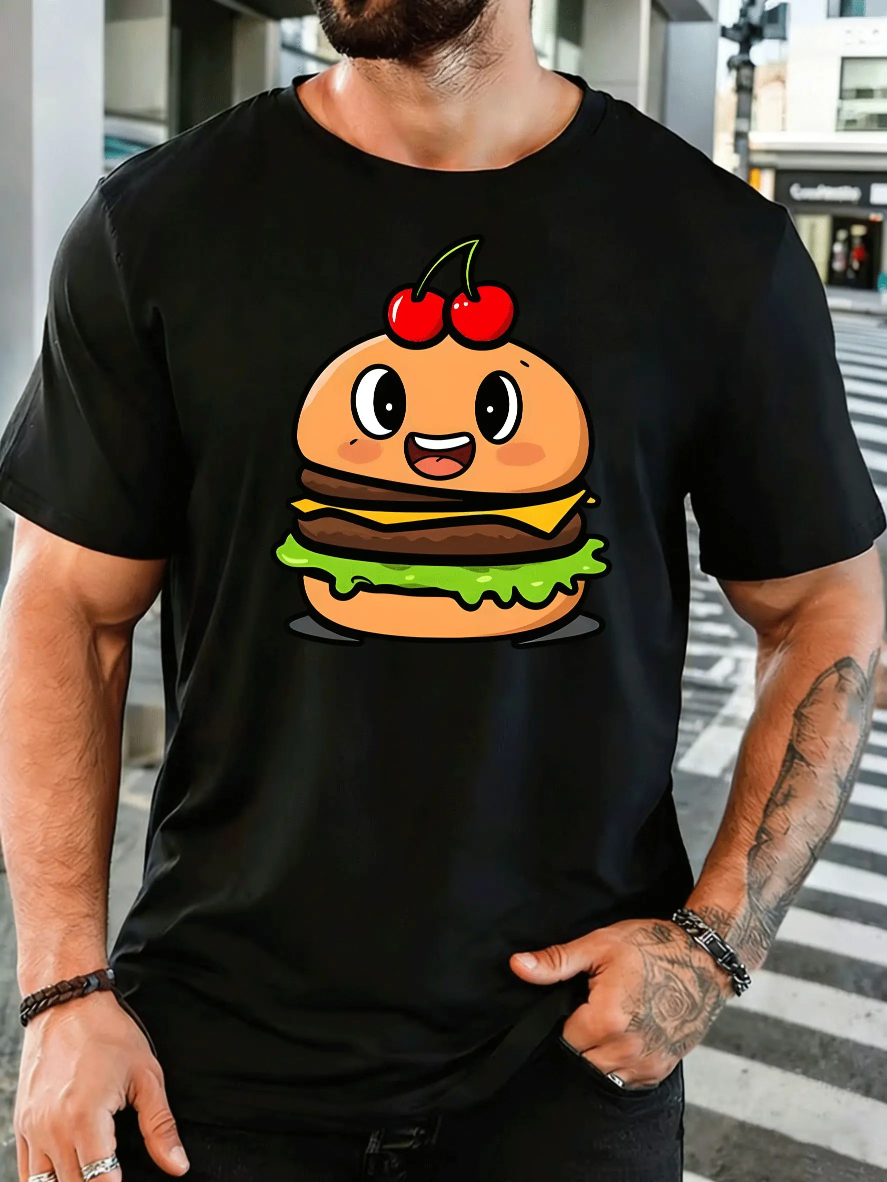 Men Short Sleeve T Shirt Cute Burger Cherry Graphic Tee Food Print Tops Summer Soft Cotton Casual Street Wear For Adult Male