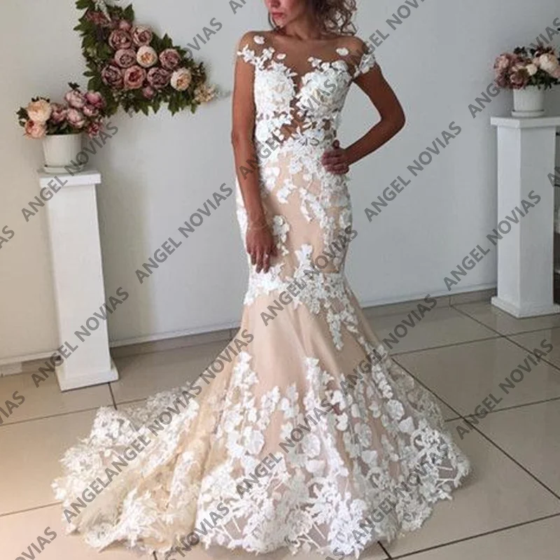 Angel Novias Champagne Mermaid Lace Wedding Dresses Customized Long Princess Wedding Gown Illusion Bride Gowns robe de mariee
