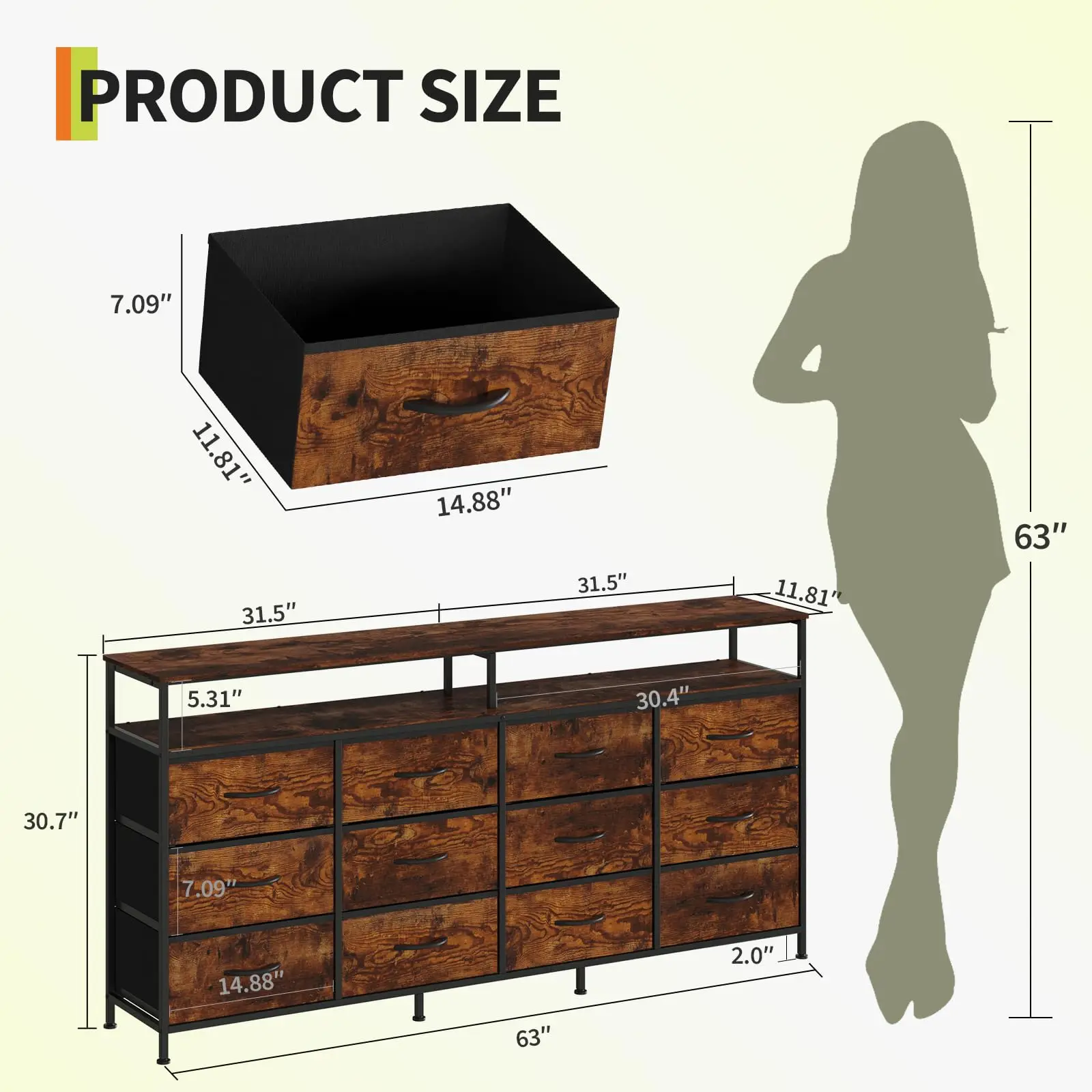 63 Inches Long Dresser TV Stand for Living Room - 12 Drawer Fabric Dresser with Open Shelves,Sturdy Large Chest of Drawers, MDF Top and Steel Frame image 3