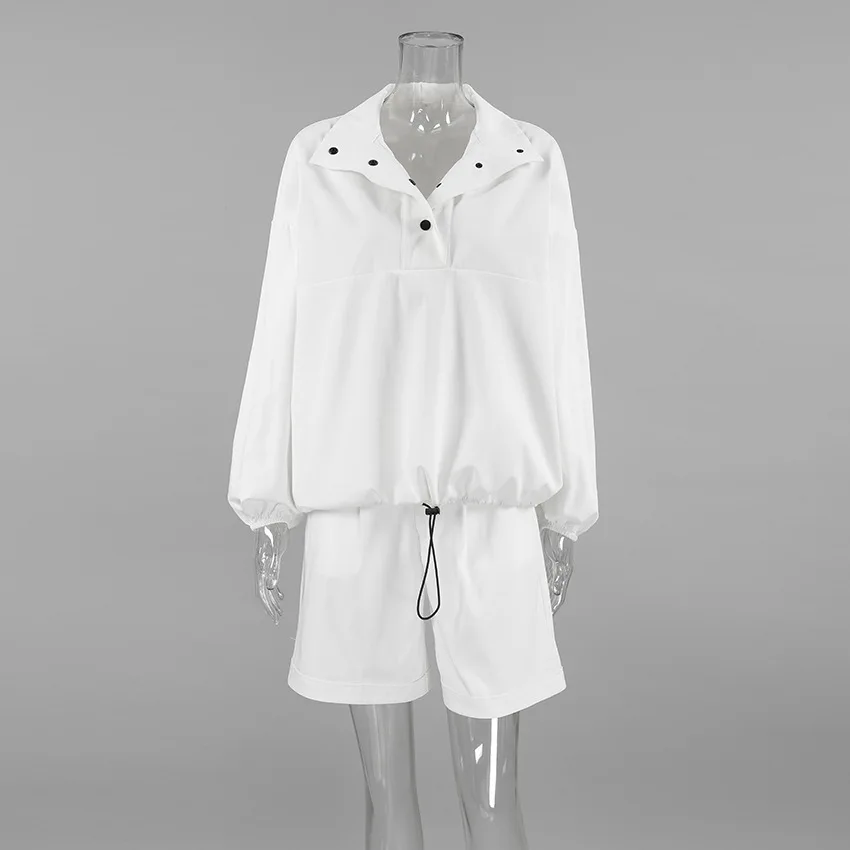 Wiosna Jesień Dwuczęściowe Zestawy Damskie Długi Rękaw Stójka Luźny Gruby Guzik Pullover Top + Wysoka Talia Casualowe Szorty Stroje