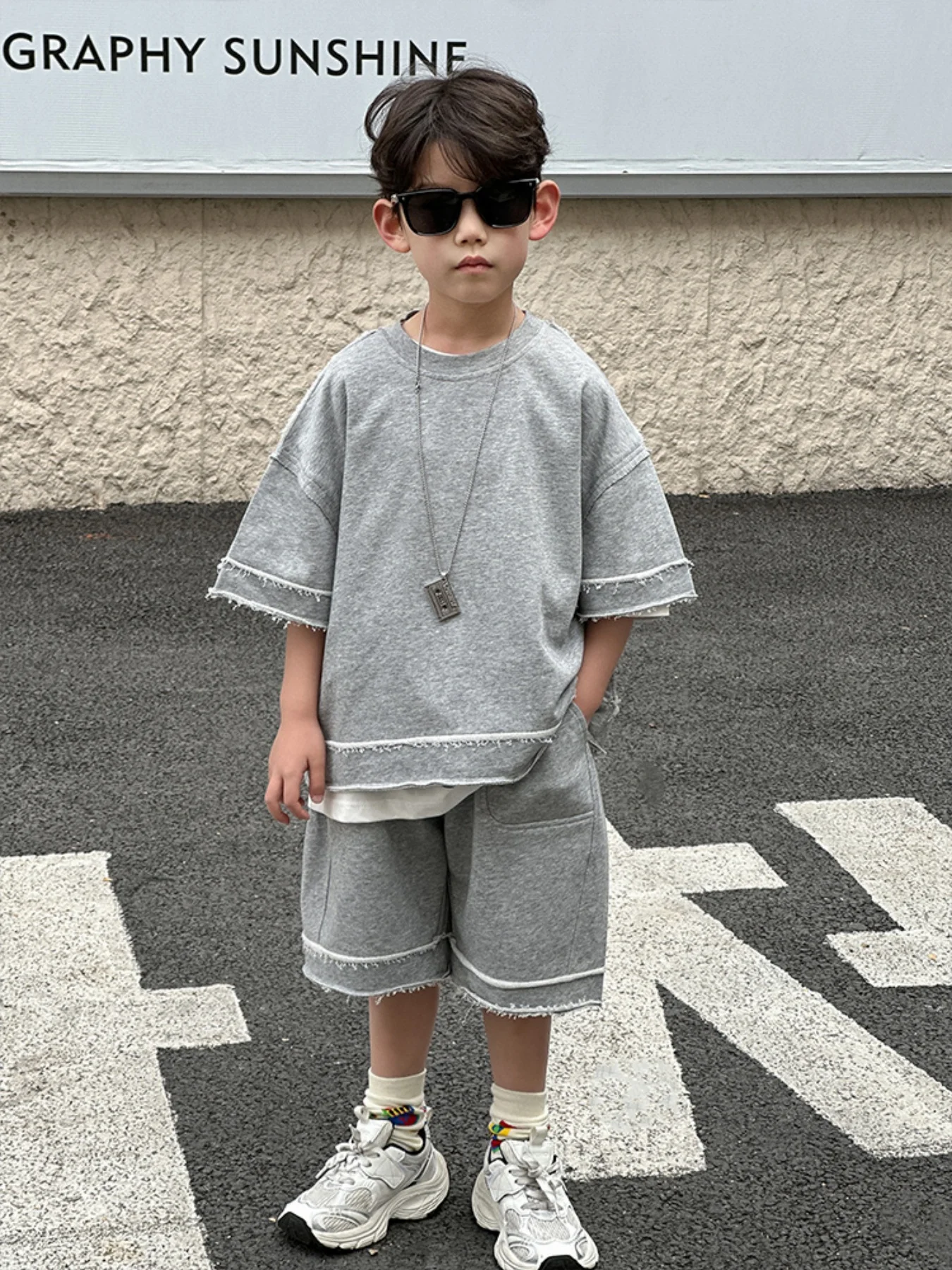 Boys 2Pcs Summer Outfit Set, Gray Frayed Edge Short Sleeve T-Shirt and Shorts, Kids Streetwear Casual Loose Fit Cotton Tracksuit