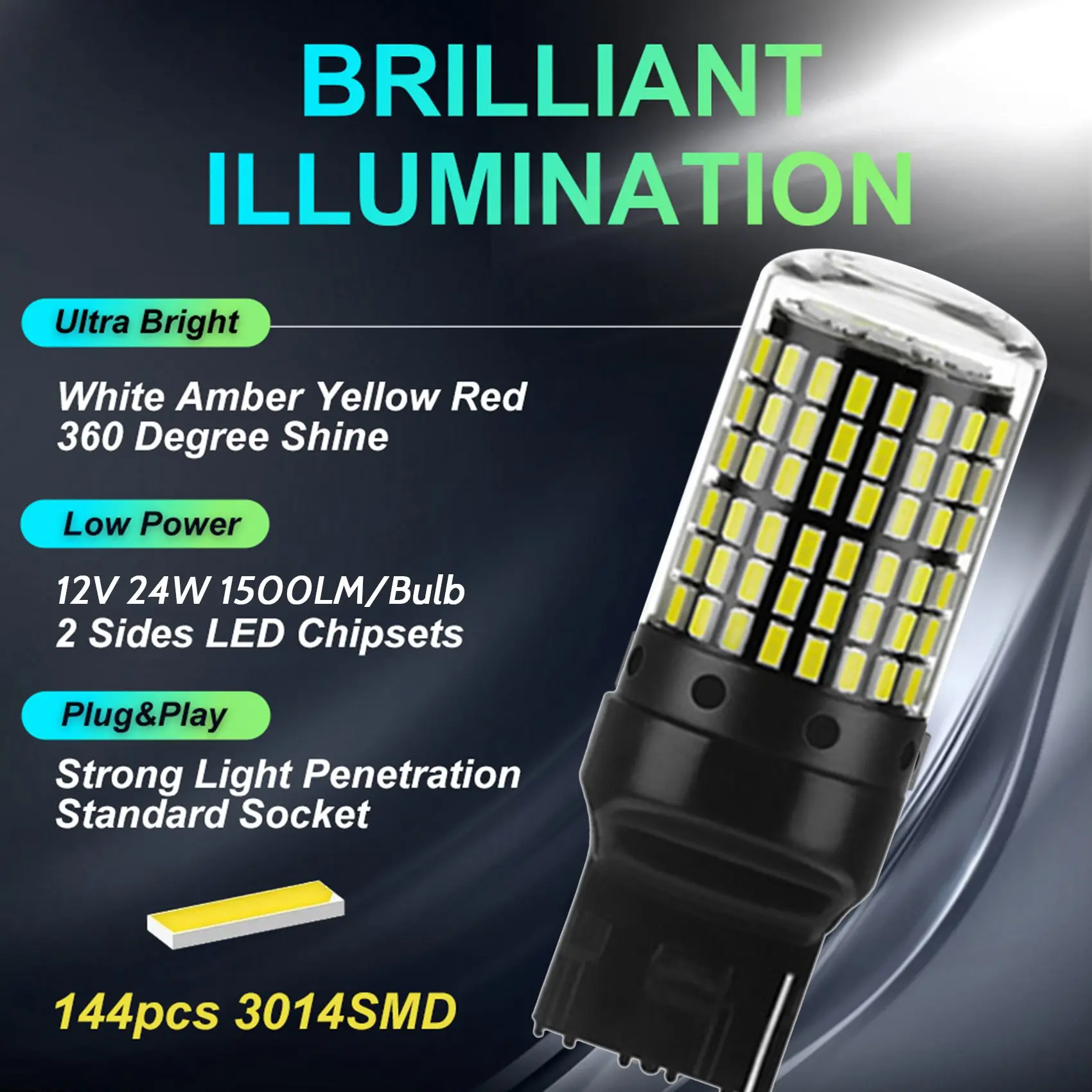 내구성이 뛰어난 2X 자동차 3014 144Smd Canbus T20 7440 W21W LED 전구(노란색 회전용)