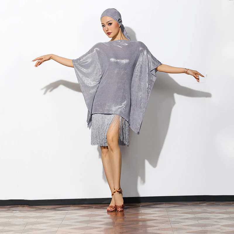 

Latin Dance Competition Clothing Women Dolman Sleeve Backless Top Tassel Skirt Practice Rumba Latin Competition Dress DN20723