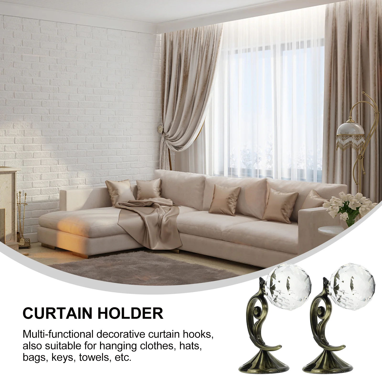 

2Pcs Aluminum Alloy Wall Hooks Crystal Curtain Tiebacks Lightweight Curtain Holders Practical Drapery Tieback Hooks