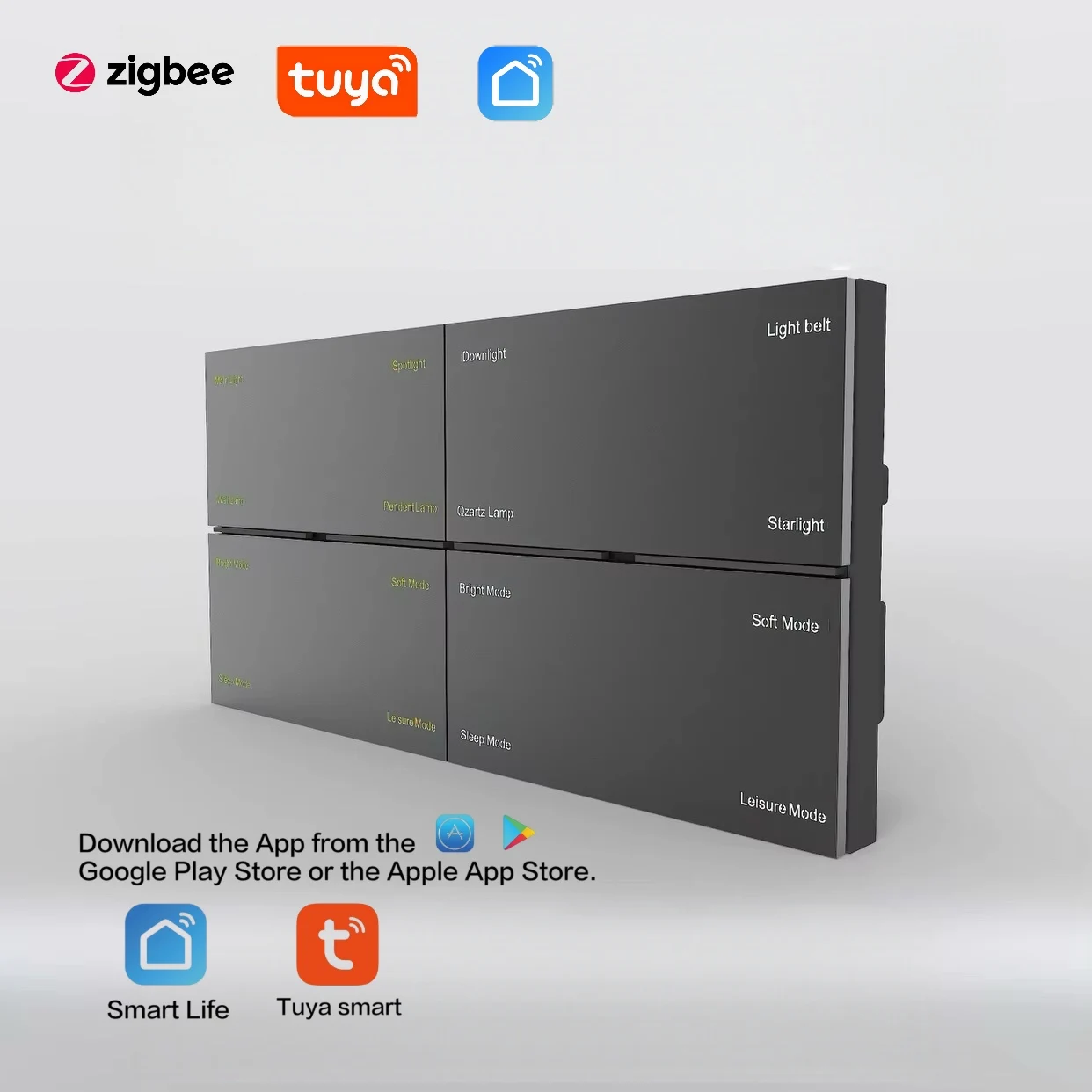 M9 Tuya Zigbee Smart Switch w/Human Sensor Radar, 4 Relay + 4 Scene Keys (All Programmable), Aluminum Panel + Custom Engraving