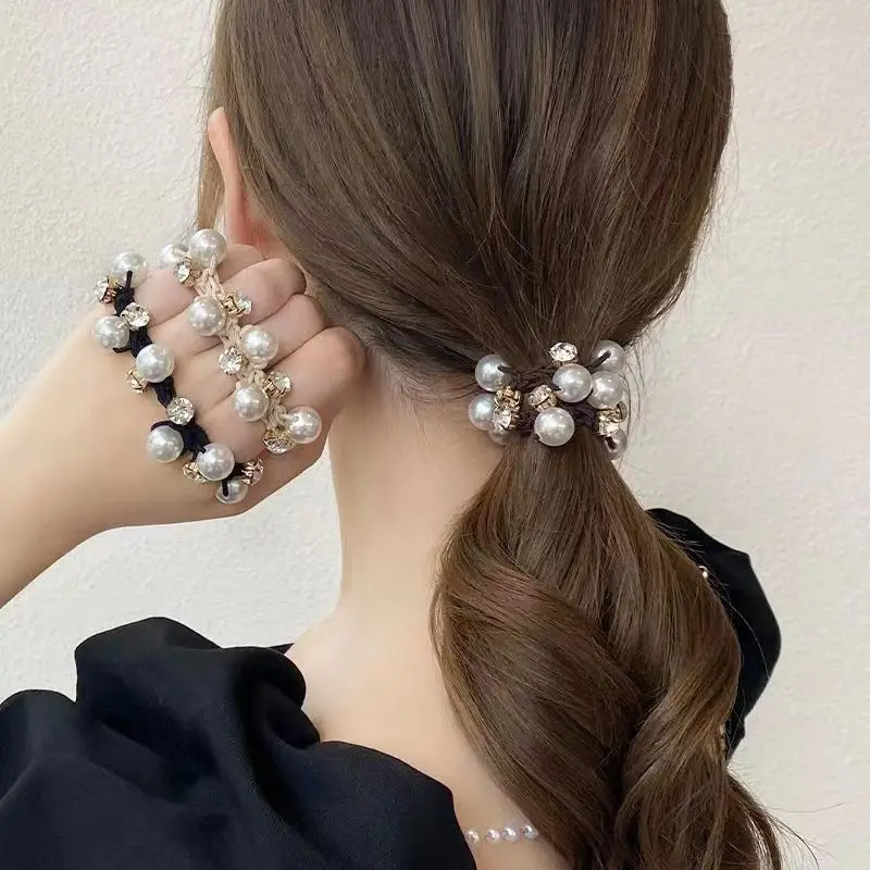 

3pcs Paux Pearl Brimmed Hair Tie Glitter Rhinestone Decor Hair Rope Retro Style Scrunchies For Women