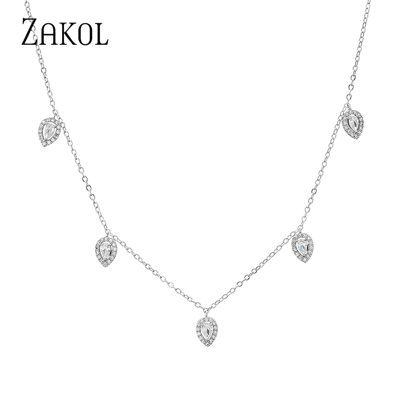 ZAKOL Korean Fashion Leaf Water Drop Choker Necklaces for Women AAA Cubic Zirconia Thin Chain Necklace Jewelry