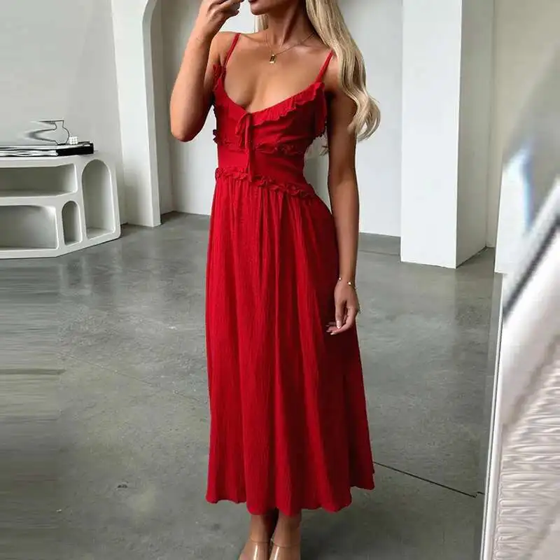 Sexy Hollow Out Sleeveless Pleated Beach Simple Solid Color Women's Holiday Dress New V Neck Ruffle Suspender Long Dresses