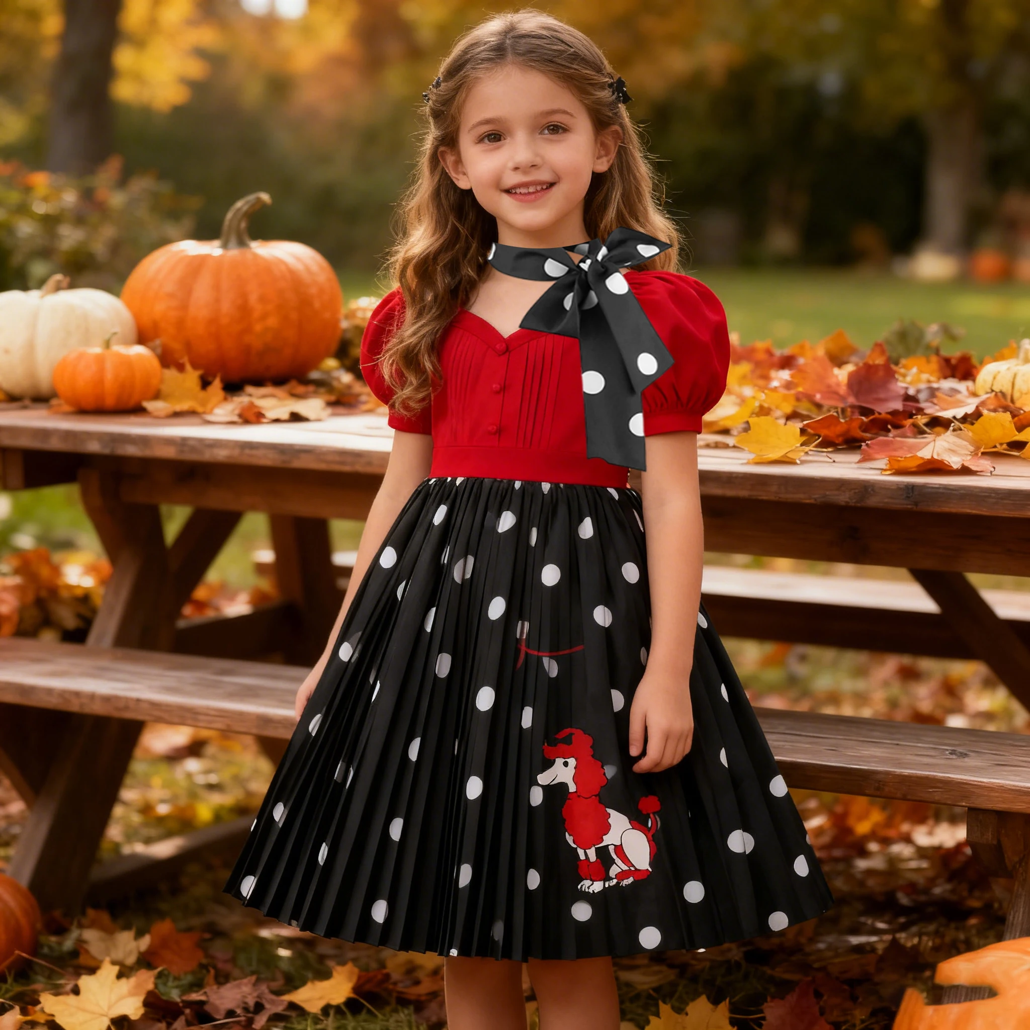 Cute Red Princess Children's Short sleeved Dress for 3-10Y NewYears Clothes Thanksgiving Day Fantasy Carnival Party Clothing