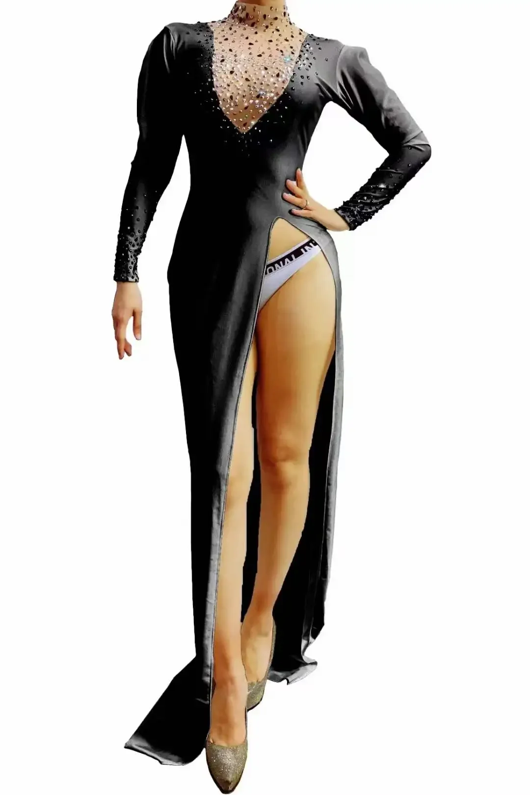 Stretch Spandec kobiety seksowna sukienka w stylu Cheongsam rozcięcie jednoczęściowy kostium piosenkarki czarny czerwony Rhinestone Drag Queen strój