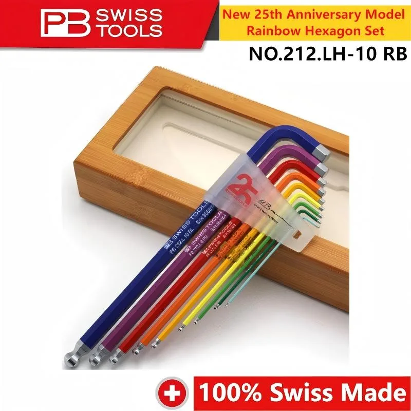 PB SWISS TOOLS 212.H 212.LH RB 25th Anniversary Rainbow Hex Key Set Ball Flat Head Metric Wrench with Case