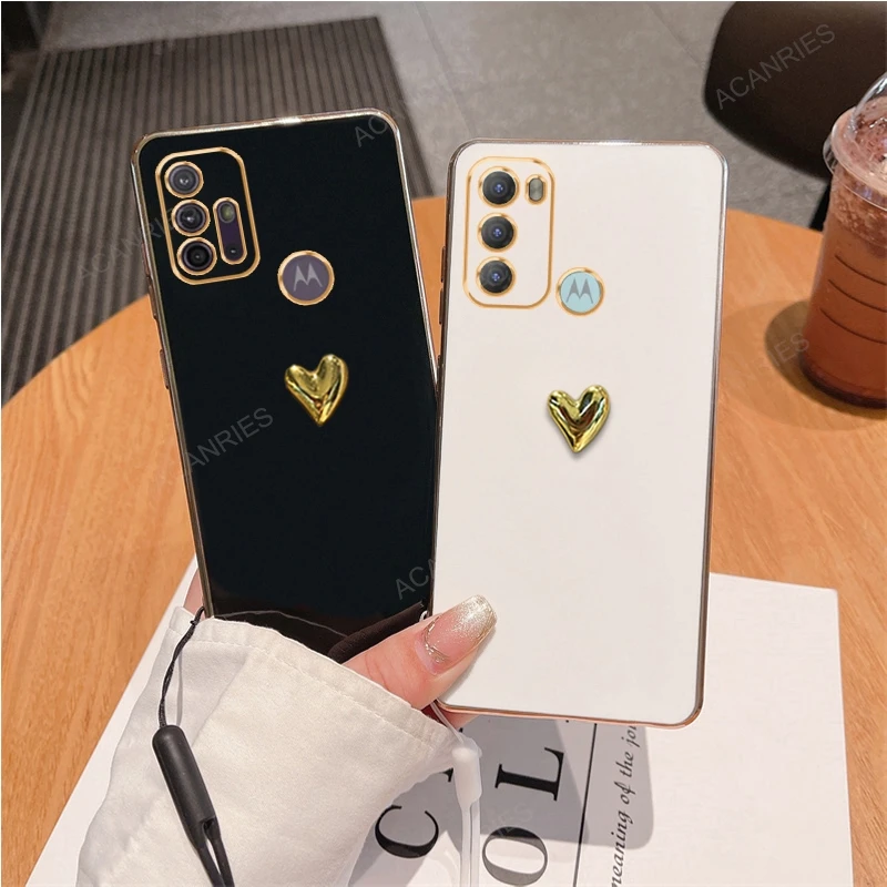 3D Gold Heart Plating Silicone Soft Case For Motorola Moto G60 G50 5G G13 G23 G53 G30 G20 G10 G9 Plus Play Cover