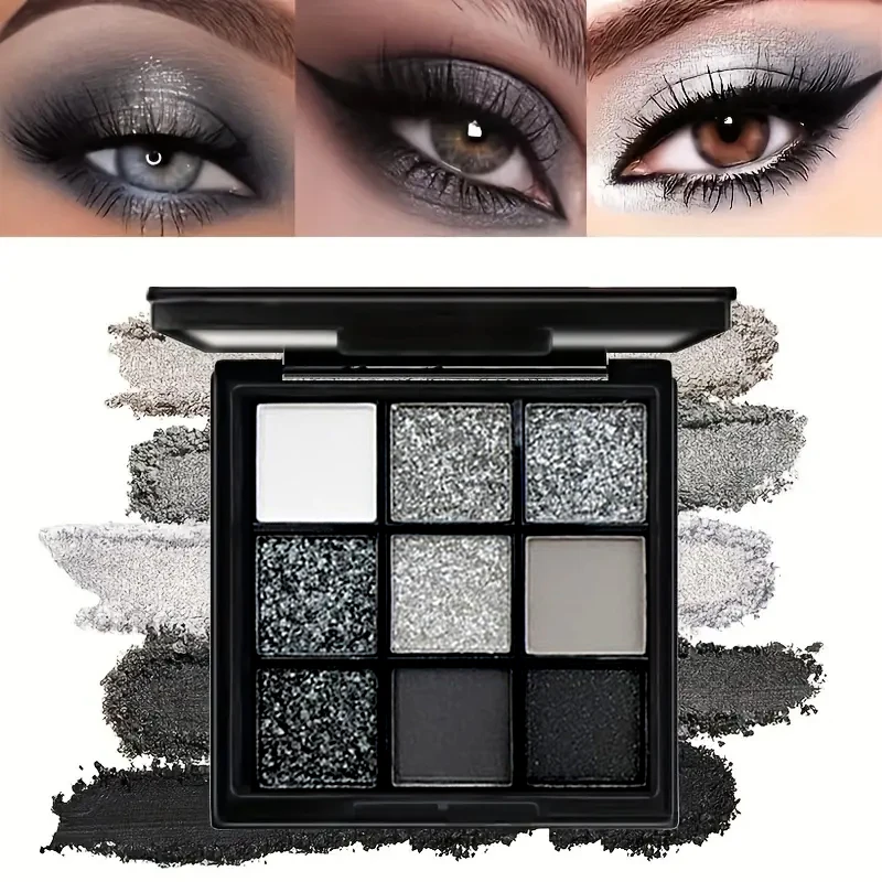 Paleta cieni do powiek Smoky 9-Color, matowe czarne, białe, szare i srebrne, wysoce pigmentowane cienie do powiek Smoky, wbudowane lusterko do makijażu, odpowiednie na występy sceniczne i imprezy.