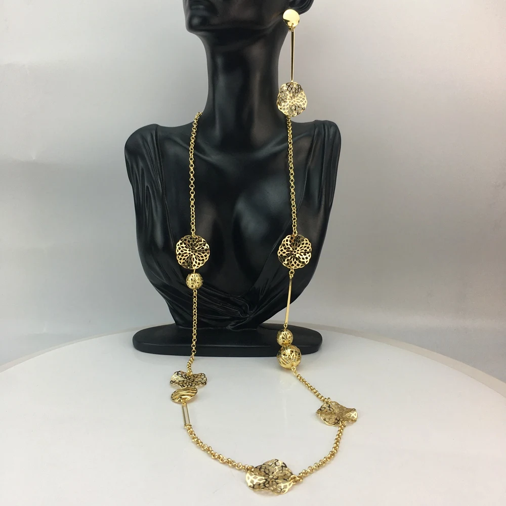 

African Italian Dubai Women's Jewelry Set Long Chain Necklace with Earrings Clothes Accessories FHK16577