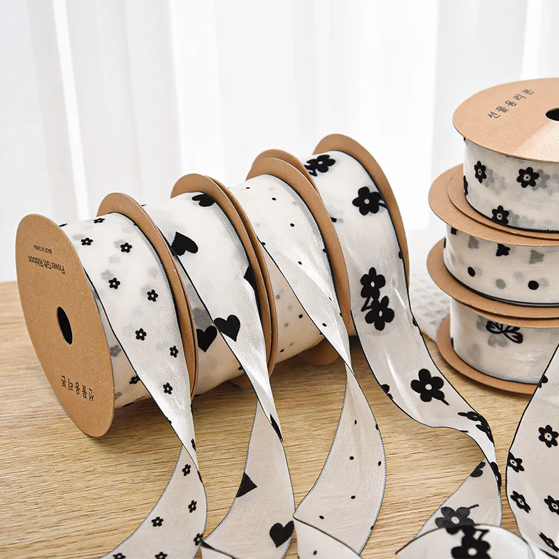 10Yards 4CM Black Printing Beige Ribbon Flower Gift Box Packaging Wrap Bowtie DIY Clothing Straw Hats Decoration Tape