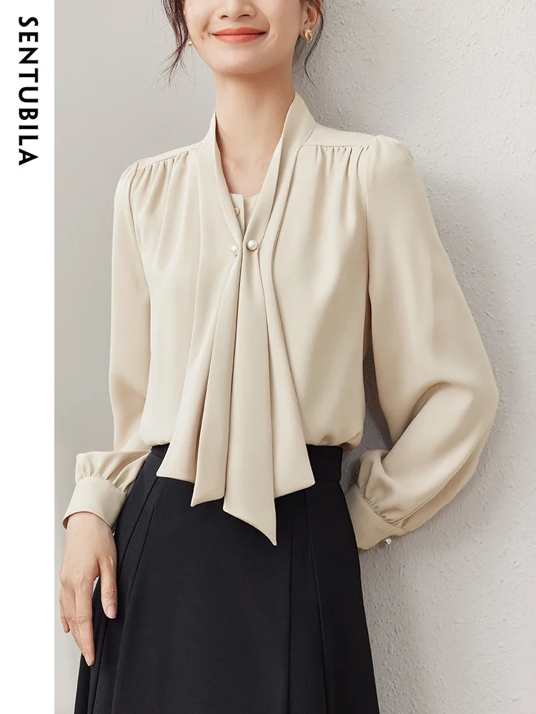 

SENTUBILA Office Lady Chiffon Blouses Women 2025 Autumn Elegant Pearl Button Tops Long Sleeve Apricot Shirts & Blouses 133C50450
