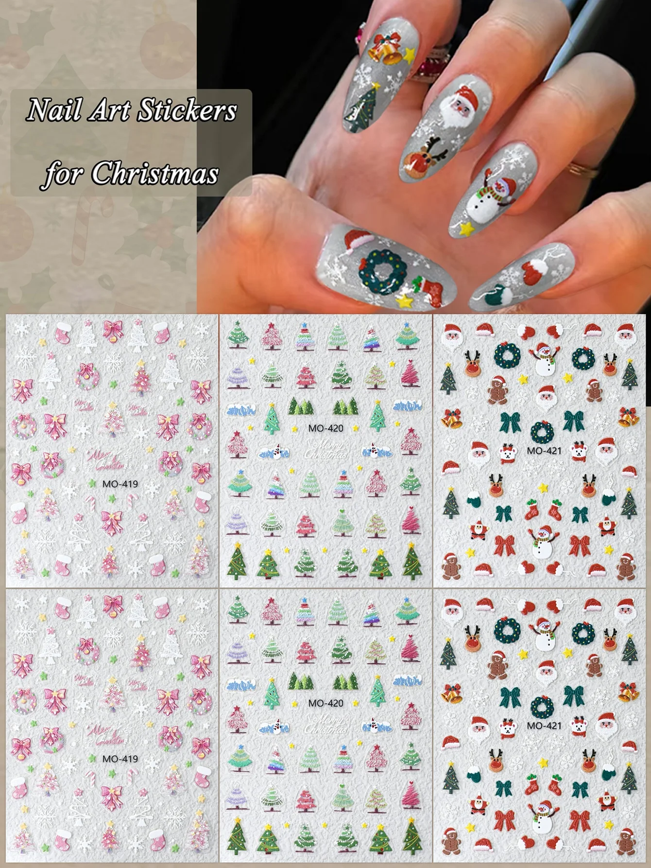 3/6 Sheets Christmas Nail Art Stickers Snowflake Tree Santa Embossed Nail Decals for Holiday Manicure Decoration