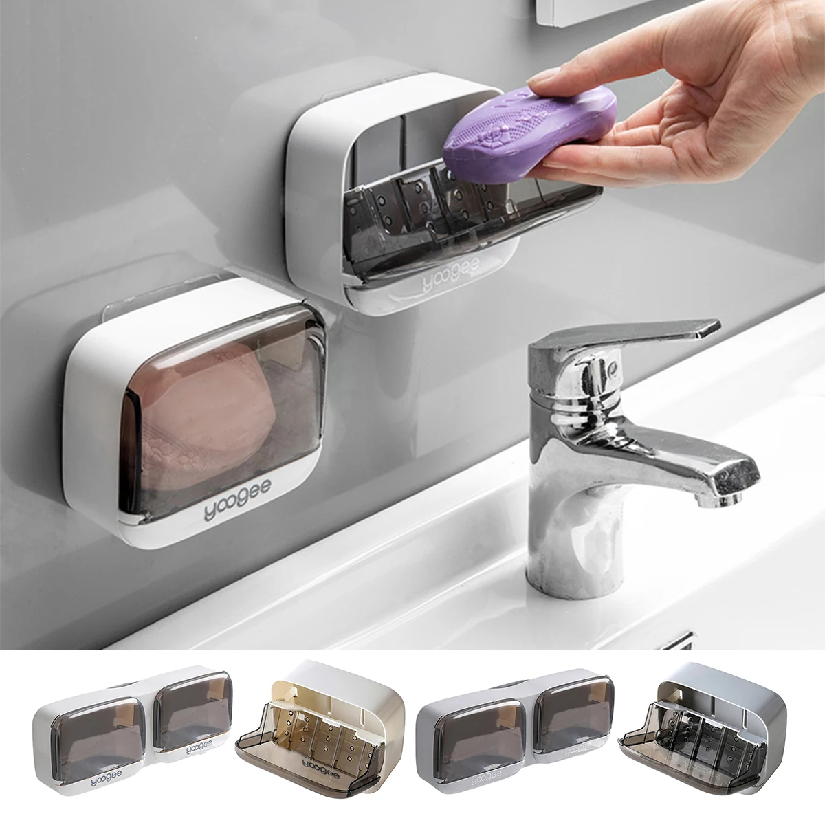 1PC Wall Mounted Soap Holder,Soap Box With Flip Lid Free Punch Soap Drain Dish Double Grids Soap Draining Rack For Home Bathroom