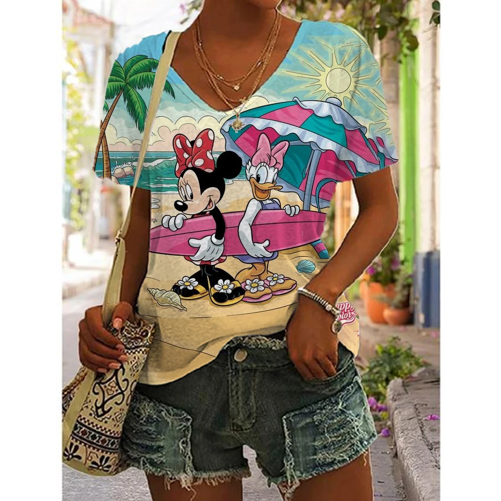 Fashionable Women's Sexy Lips 2024 T-shirt Women's Mickey Mouse Print V-neck T-shirt Women's Extra Large Summer Top T-shirt