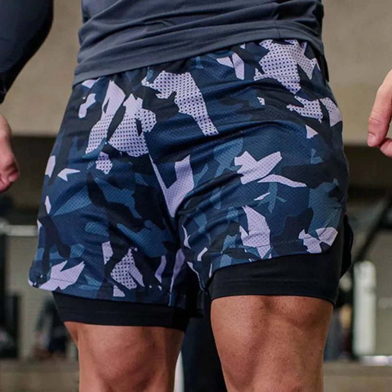 Men's Running Shorts Double-deck Fitness Sport Jogging Short Pants Sportwear Bodybuilding Workout Shorts Training Gym Shorts Men