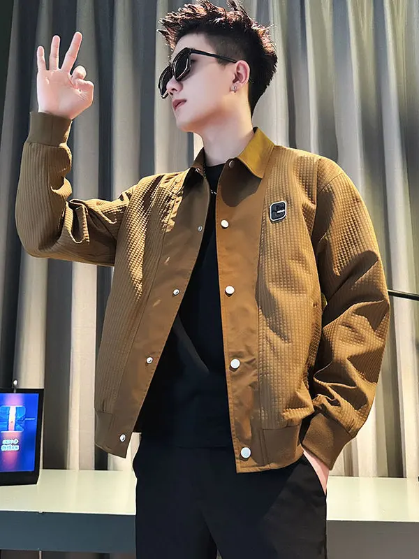 

Повседневная мужская куртка с воротником-стойкой, полиэфирная ткань, модная подставка против морщин, молодежная повседневная мода