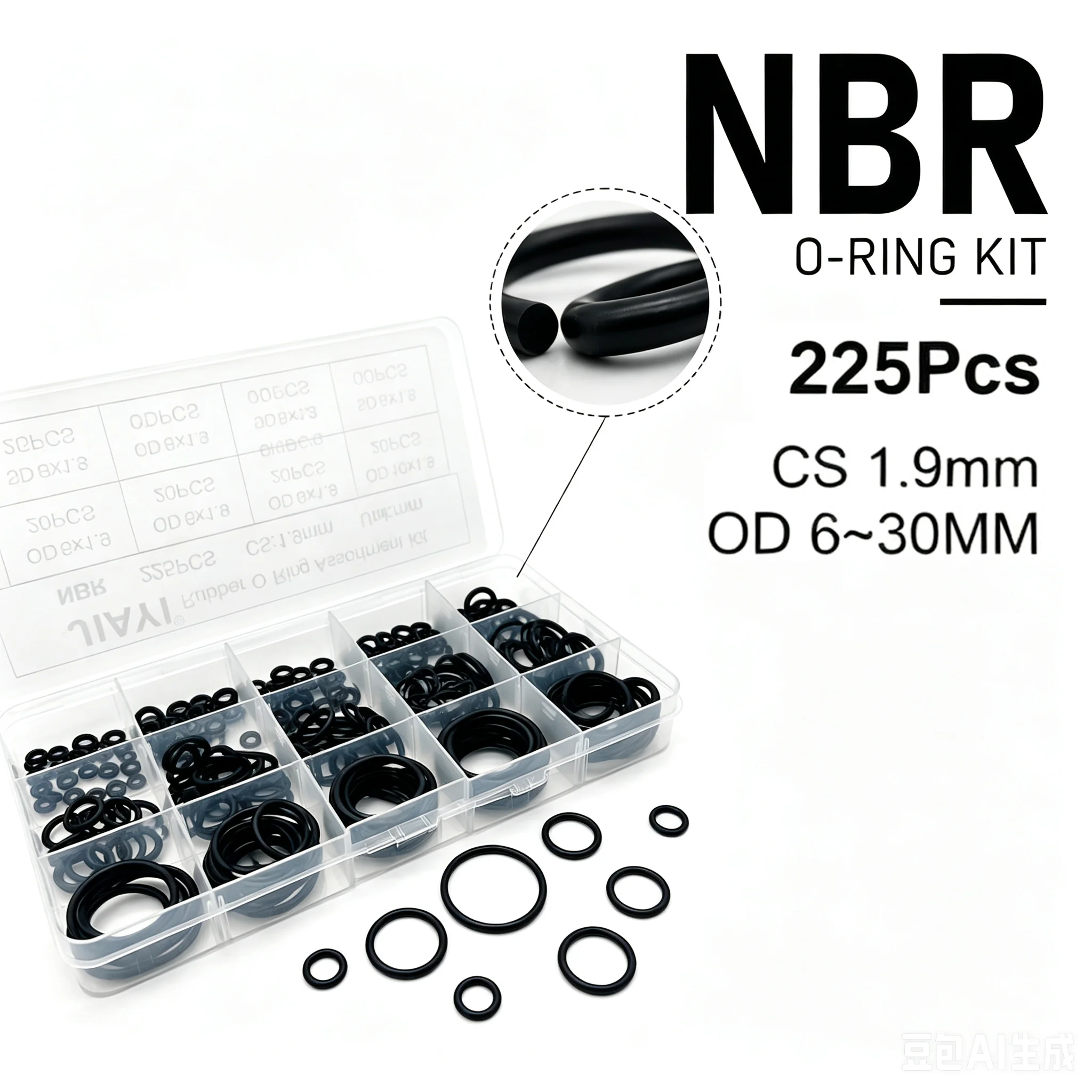 225Pcs NBR Nitrile Rubber O-Ring Set CS1.9mm OD6-30mm Black Oil Resistant Sealing Gasket, Automotive Plumbing O-Ring Kit