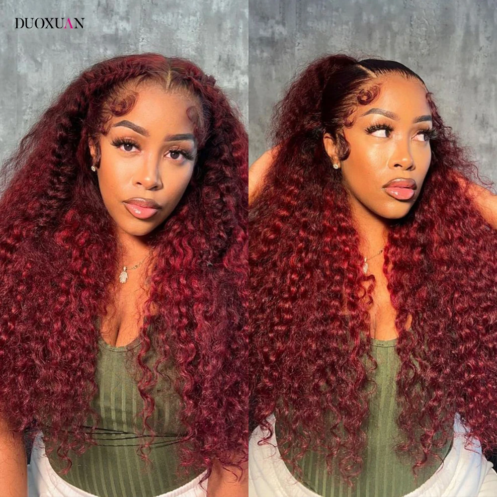 DUOXUAN 13x6 Deep Wave Lace Front Wigs Human Hair 32 Inch Water Wave 230 Density Wigs 100% Human Hair Wigs for Black Women 99J