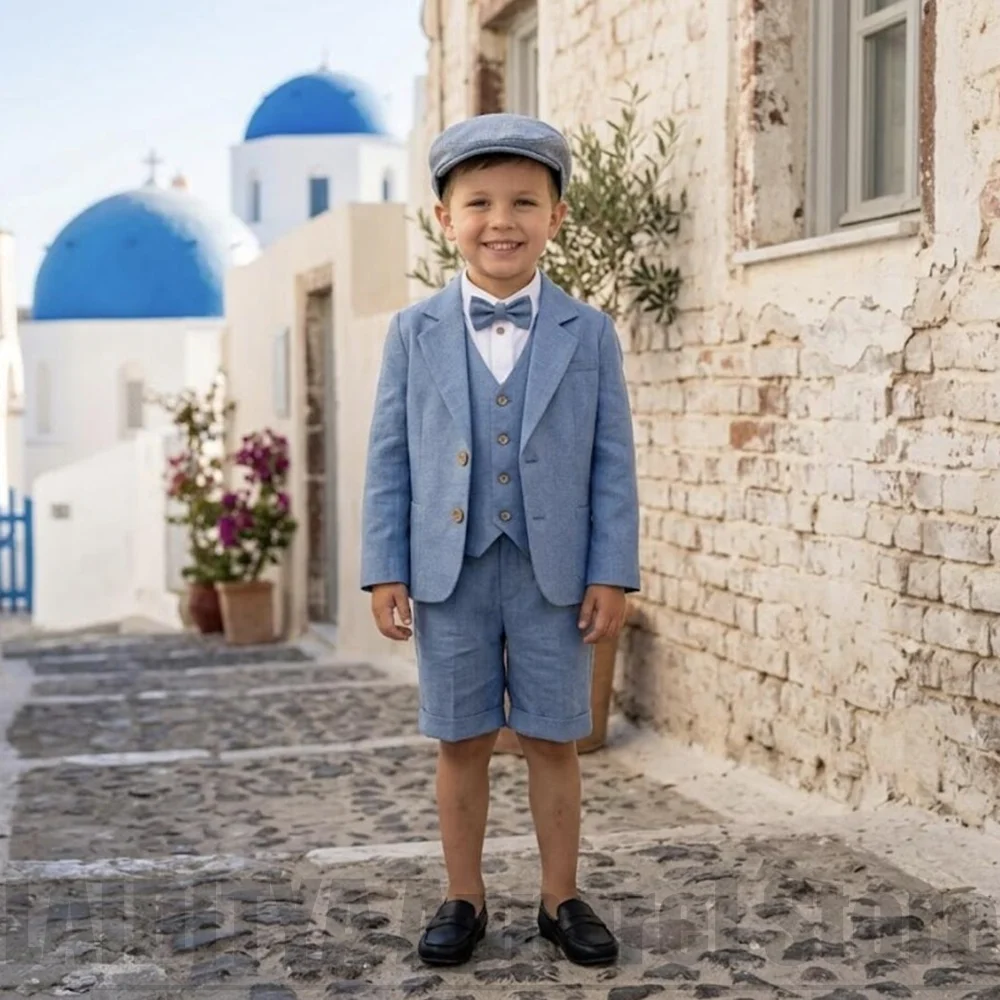 Baby Boys Linen Suit Set Blazer Waistcoat Shorts Kids Wedding Flower Boy Tuxedo Fashion Daily Casual Summer Outfit 3 Piece