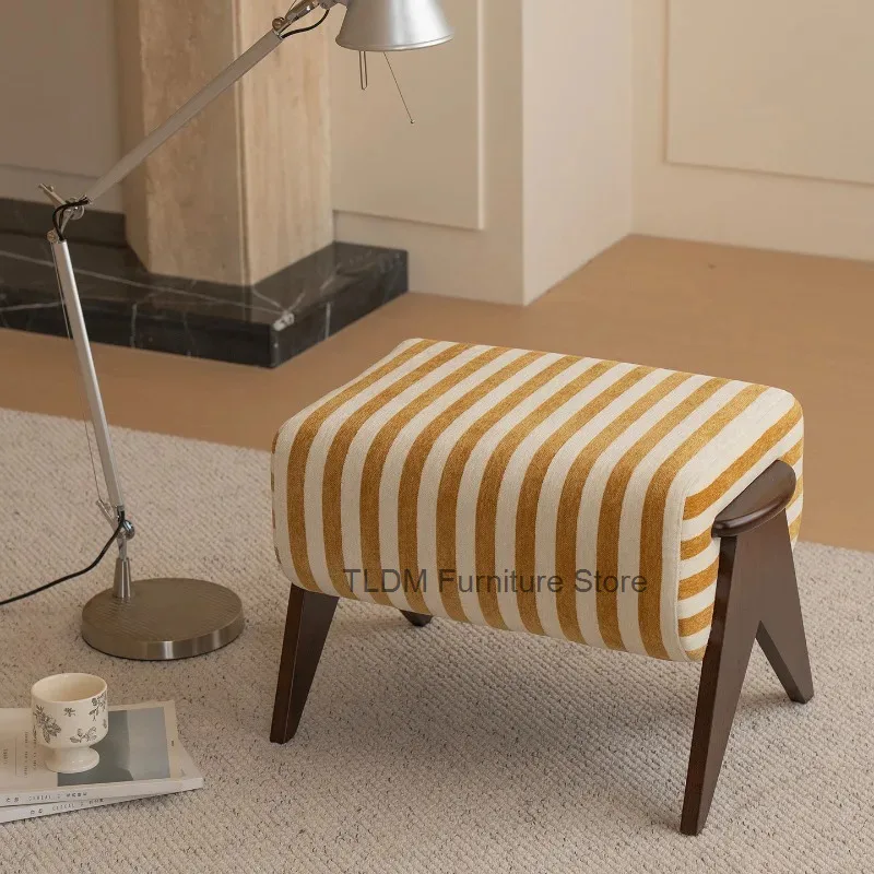 Modern Striped Fabric Upholstered Bench,Wood Slant Support Leg Padded Rectangular Ottoman for Entryway Bedroom Living Room