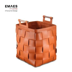 Europe style hand stitched woven leather basket walnut handle for high luxury villas bathroom lounge kitchen storage