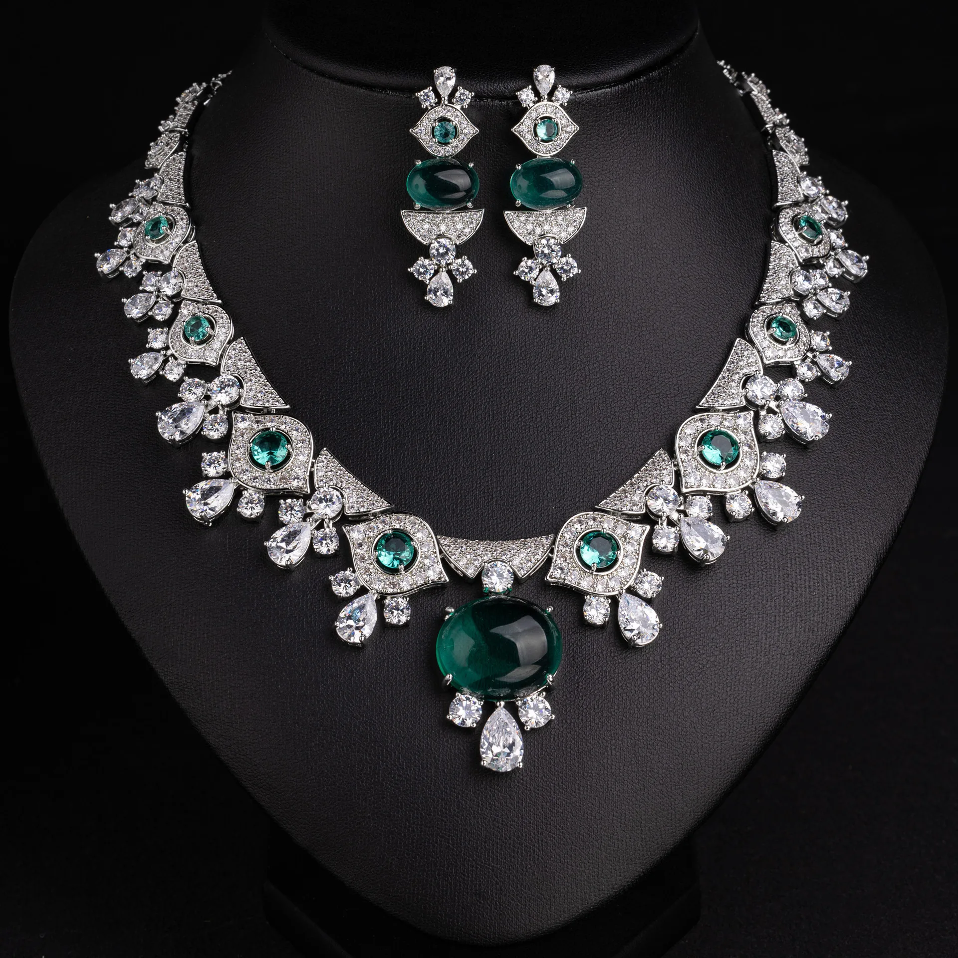 European and American Style Stunning Stereo Jewelry Green Necklace Earrings Women's Decoration Wedding Bridal Holiday Gift M-933