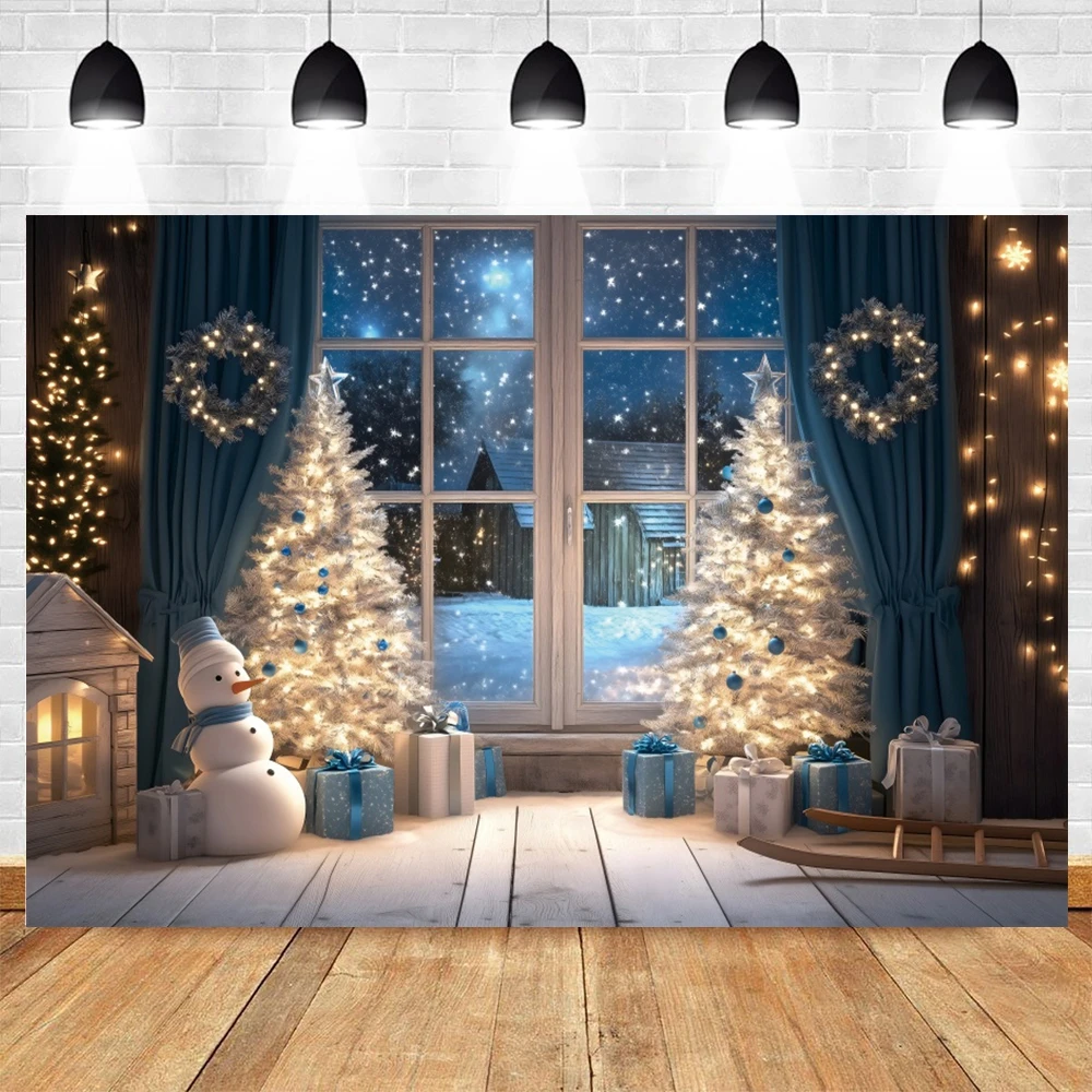 Christmas Photography Backdrop Winter Window Blue Curtain Night Xmas Tree Gift Wreath Snowmen Family Portrait Photo Background