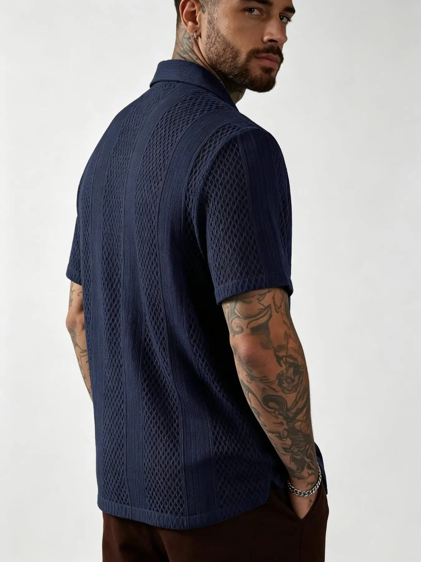 Men Hollow‑Out Knit Short Sleeve Shirt Cuban Camp Collar Button Down Jacquard Textured Casual Summer Beach Tops