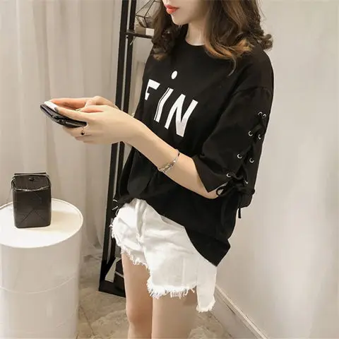 Tops Clothes T Shirt Casual Korean Short Sleeve Fashion Women\'s T-shirt Summer Aesthetic Lace Loose Aesthetic Pulovers Graphic