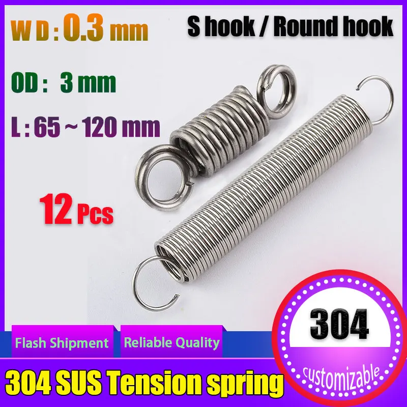 

0.3 Wire diameter S Hook Round hook Coil Pullback Extension Tension metal Spring wireb 304 Stainless Steel long Tension spring