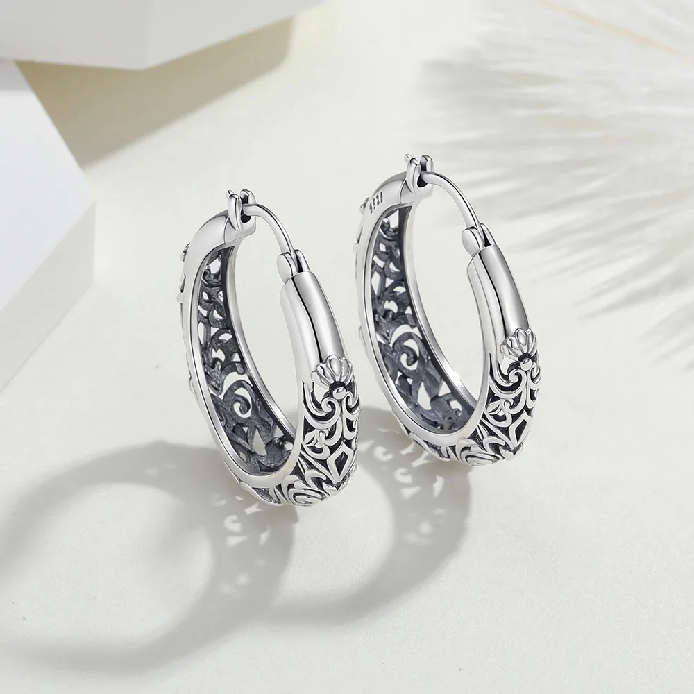 New Original 925 Silver Patterned Big Hoop Earrings For Women Daily Wear Hope Stud Earring Fashion Classic Birthday Gift Love