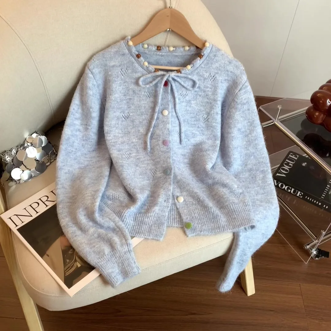 

Women's Apricot Bow Cardigan Sweater Vintage 2000s Y2k Jumper Knitwear Korean Style Long Sleeves Sweater Autumn Winter Clothes