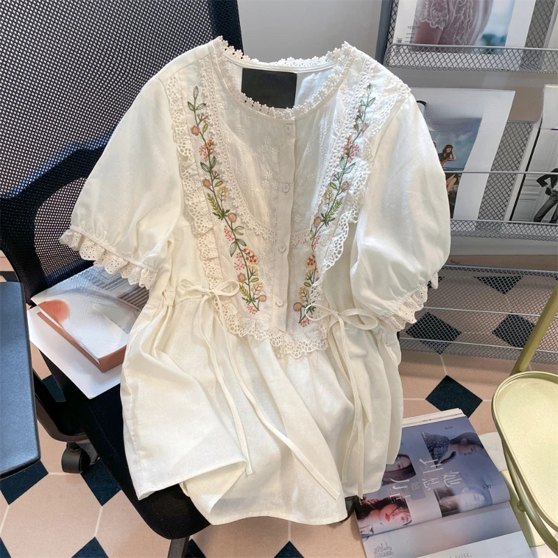 Franse Elegante Blouses Kant Borduurwerk Draw String Design Poff Mouw Shirts Chique Zomer Casual Losse All Match Dameskleding