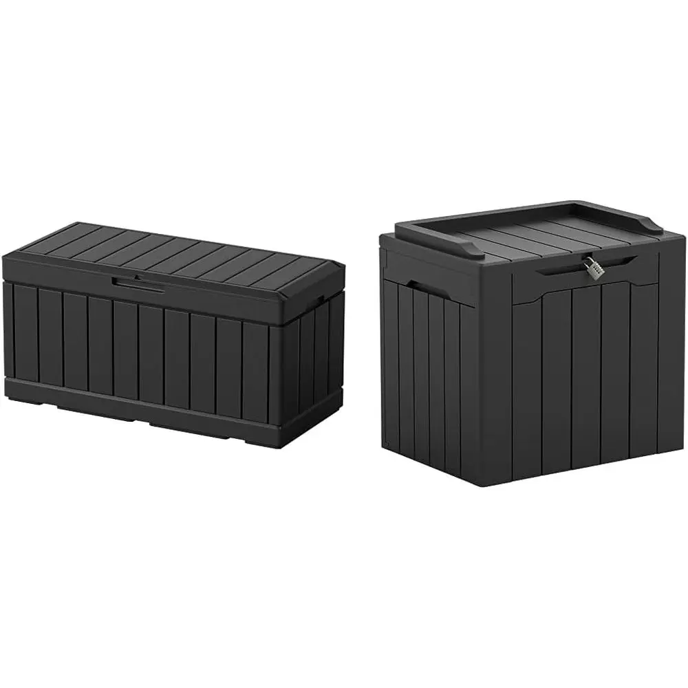 

Набор из больших уличных ящиков для хранения из полимерной смолы объемом 82 и 31 галлон для садовой мебели, садовых инструментов и принадлежностей для бассейна