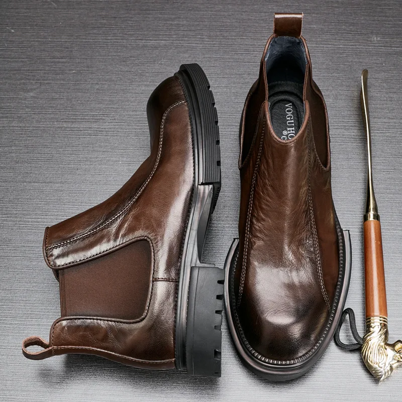 

Новые ботинки из воловьей кожи, мужские ботинки челси из натуральной кожи, осень-зима, мужская уличная обувь в стиле ретро с круглым носком и толстой подошвой 030