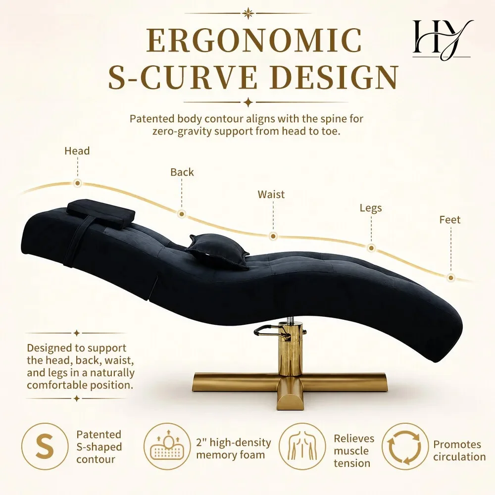 Gold S Shaped Spa Bed Hydraulic Massage Table Adjustable Beauty Lounger Curved Reclining Facial Bed for Esthetician Salon Spa