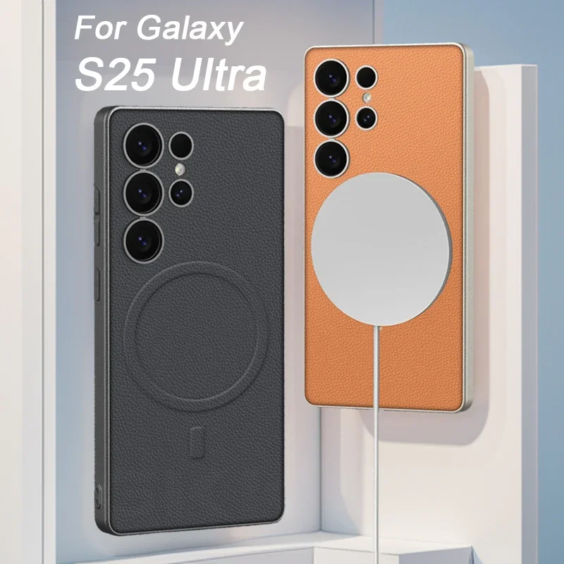 

For Magsafe Wireless Charge Leather Case For Samsung Galaxy S25 S24 Ultra Metallic Painted Matte Cover for Galaxy S25 Ultra Case