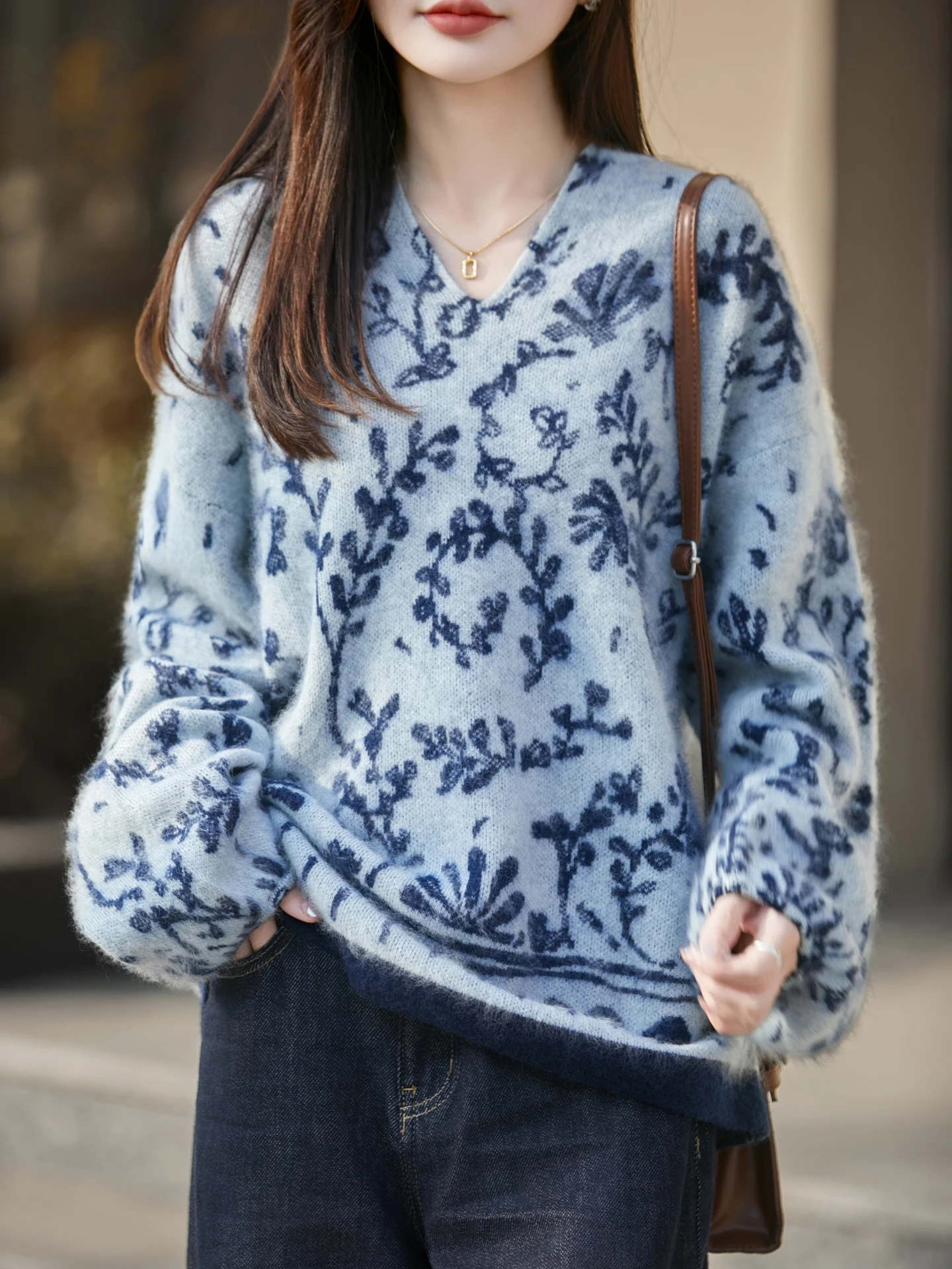 V-neck Women 5%Cashmere 95%Merino Wool Sweater Splicing Color Thick Pullover Skin Friendly Top Knit Autumn Winter Clothing