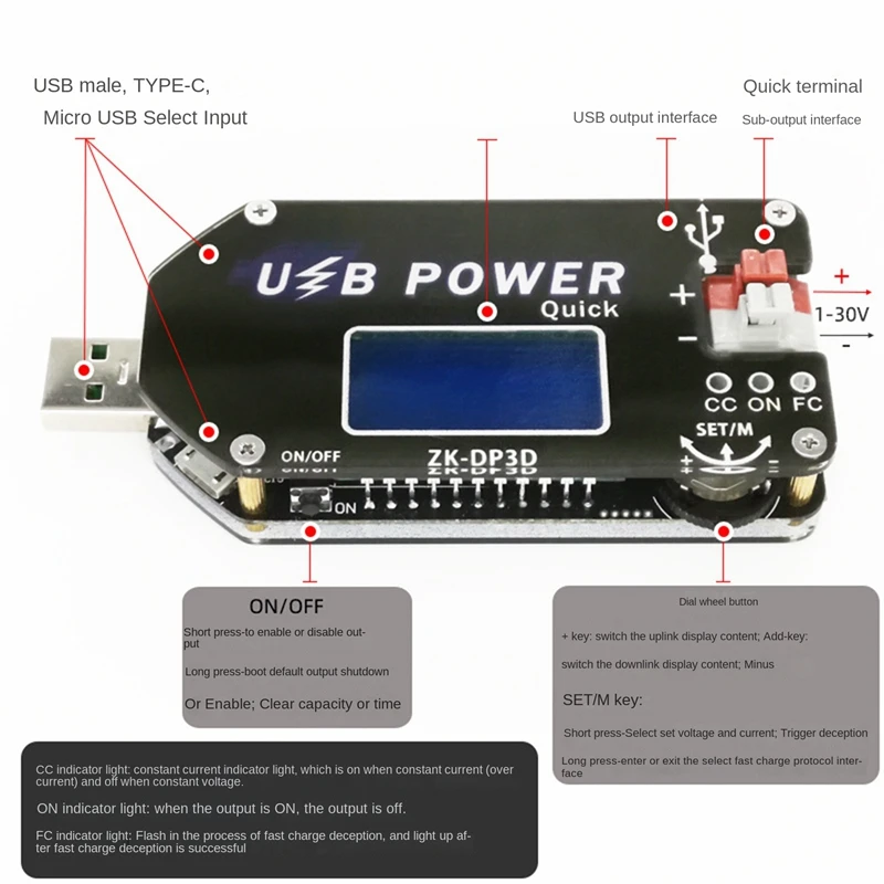 ZK-DP3D CNC USB Power Supply Module 1-30V 2A 15W Constant Voltage Current USB TYPE-C DC Converter