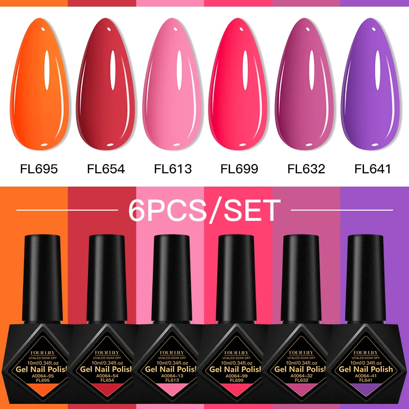 FOUR LILY 10ml 6 pièces/ensemble Gel vernis à ongles brillant rose rouge Roes rouge néon couleur Nail Art UV Gel vernis Kit manucure pour ongles