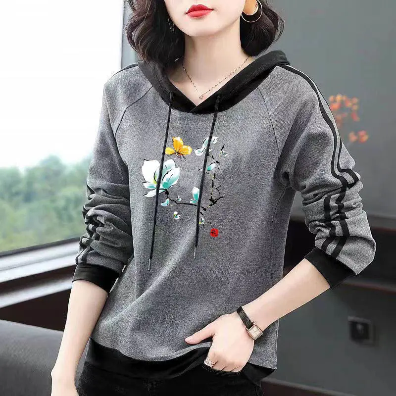 Women\'s Clothing Letter Printed Floral Sweatshirts Spring Autumn Casual Hooded Drawstring Chic Bright Line Decoration Pullovers