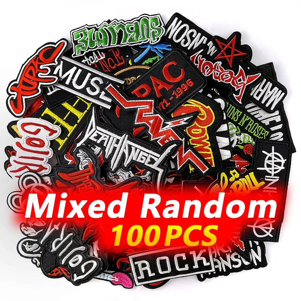 100Pcs Random Mix Band Punk Rock Iron on Patches for Clothing Decoration Embroidery Decorative Cloth Applique Supplies Patch