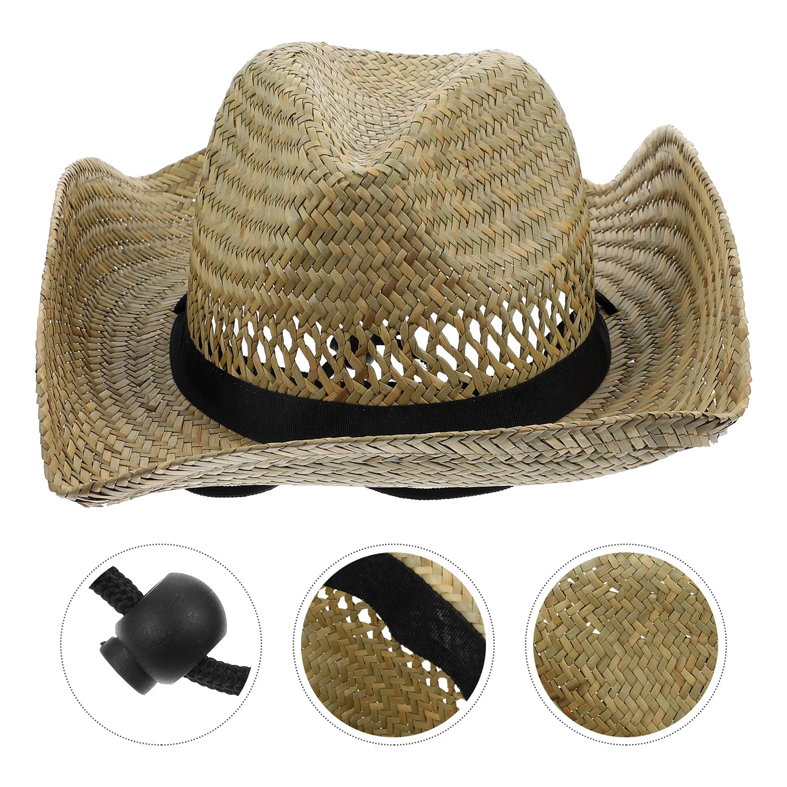 

Cowboy Hat Handmade Straw Men Women Wide Brim Western Style Black Band One Size Fits All Lightweight Sun Protection