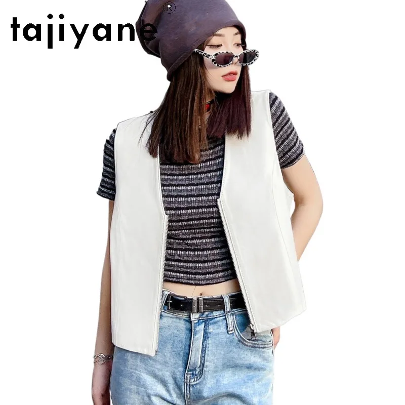 TAJIYANE Genuine Leather Vest Slim Fit Leather Jacket Woman Sheepskin Short Gilet Zipper Jackets for Woman Solid Veste Femme New